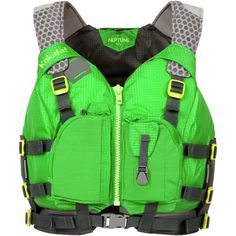 a green life jacket with grey and yellow details on the chest, front and back