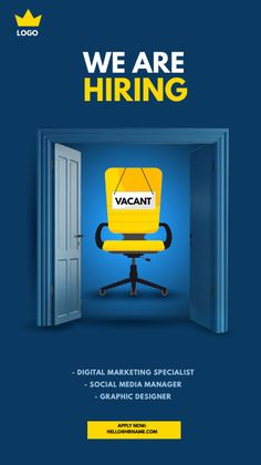 a yellow chair sitting in an open doorway with the words we are hiring on it