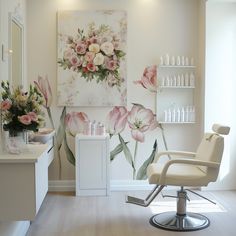 a salon with flowers painted on the wall