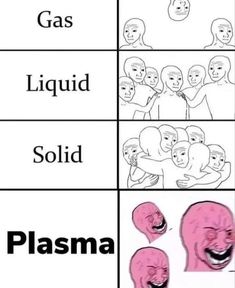 two pictures with different faces and words on them that say gas, liquid, solid, plasma