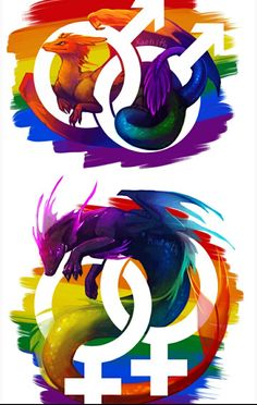 two colorful images with different symbols on them