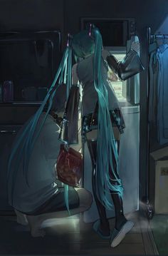 a woman with long hair standing in front of an open refrigerator freezer holding shopping bags