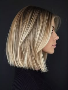 Lob On Straight Hair, Medium Length Graduated Bob, Angles Long Bob, Fall Blonde Partial Highlight, On Shoulder Haircut, Blonde Lob Hair Straight, Straight Bob With Side Part, Lob Haircut Before And After, Back View Bob Haircut