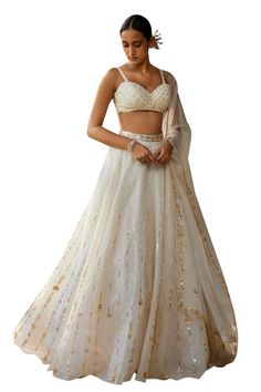 Ivory skirt with aari, sequin, thread embroidery in floral pattern. Paired with sleeveless embroidered padded blouse and dupatta. - Aza Fashions Organza Embroidery, Ivory Skirt, Padded Blouse, Embroidered Skirt, Thread Embroidery, Silk Organza, Sweetheart Neck, Skirt Pattern, Set For Women