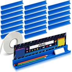 a set of blue desk dividers and tape