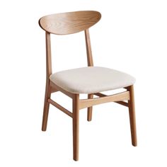 a wooden chair with a white seat cushion