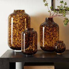 three brown vases sitting on top of a black table next to a plant in a vase