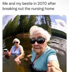 an older woman is in the water with her friend