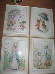 four framed pictures of peter rabbit and friends