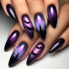 A mysterious design featuring a gradient base that transitions from deep purple at the cuticle to pitch black at the tips. The gradient is enhanced with a glossy finish, giving the nails a luminous quality. Accent nails are embellished with tiny bat silhouettes in matte black, creating the impression of a vampire prowling the night. Cateye Halloween Nail Designs, Halloween Goth Nails, Nails With Bats, Cauldron Nails, Black Halloween Nails Square, Ombre Halloween Nails, Black Cats Eye Nails, Bats Nails, Spooky Black Nails