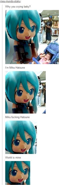 an anime character with blue hair is shown in three different pictures, and the caption says