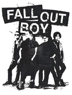 a group of men standing next to each other in front of a sign that says fall out boy