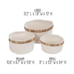 three white bowls with gold rims are shown on a white background and measurements for each bowl