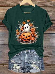 Plus Size Crew Neck Short Sleeve Pumpkin Printed Casual T-Shirt Dark Green Casual  Short Sleeve Knitted Fabric Animal,Geometric,Halloween,Letter,Plants,Textured Pattern  High Stretch  Women Plus Clothing, size features are:Bust: ,Length: ,Sleeve Length: Floral Halloween, Halloween Graphic Tees, Bow Shorts, Ghost Pumpkin, Fabric Animals, Pumpkin Print, Dark Jeans, Embroidered Shorts, Halloween Tees