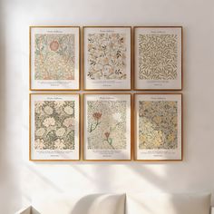 four framed floral prints hang on the wall above a white couch in front of a window