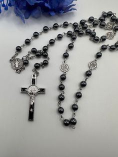 Black Hematite Rosary Beads Catholic Necklace Stone Beaded St Benedict  For Him or Her Rosario Para el o Ella Waterproof Prayer Rosary Necklace Rosario, Rosary Aesthetic, Catholic Necklace, Saint Benedict, St Benedict, Rosary Beads Catholic, Necklace Stone, Rosary Necklace, Rosary Beads