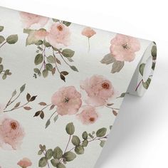 a white floral wallpaper with pink flowers on it