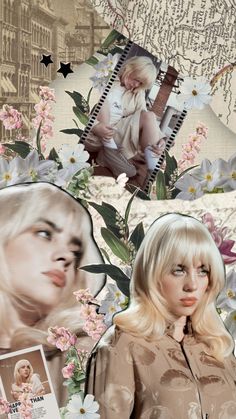 the collage shows two women with blonde hair and flowers in front of an old map