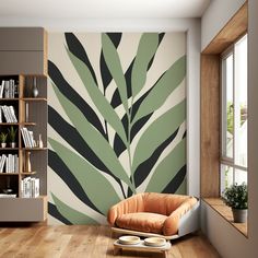 a living room with a chair and book shelf