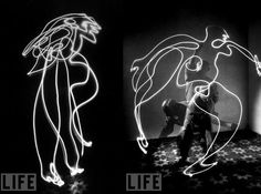 two different images of light painting in black and white, one is being projected on the floor