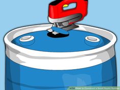 a blue and white bucket with a red hand mixer on it's top in front of a blue background