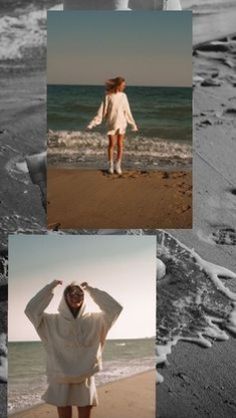 four different pictures of a woman standing on the beach with her hands behind her head