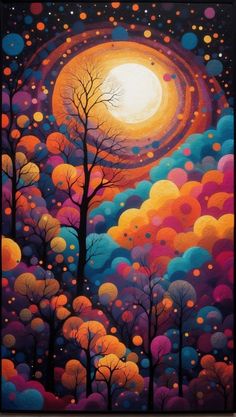 an abstract painting with trees in the foreground and a full moon in the background