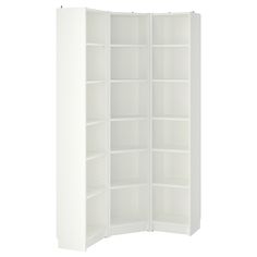 an open white bookcase with shelves on each side and two doors in the middle