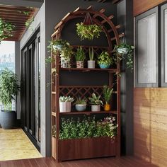 a wooden shelf filled with potted plants on top of a hard wood floor next to a window