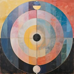 an abstract painting with many different colors and shapes in the center, as well as circles