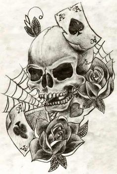 a skull with roses and playing cards on it's face is shown in this drawing