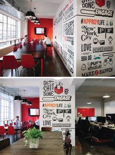 two pictures of the inside of an office with red walls and black and white lettering