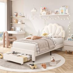 a child's bedroom decorated in white and neutral colors with toys on the floor