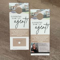 two door hangers with the words looking for an agent? and a photo of a real estate