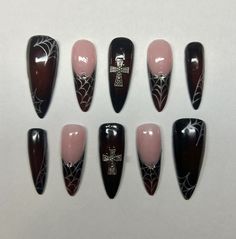 This set of Vampire-inspired press-ons is perfect for spooky season or daily wear. They come in shape medium Stiletto in all sizes. Chinese Halloween Nails, Goth Bat Nails, Alt Press On Nails, Vampire Theme Nails, Nail Spider Web Design, Gothic Red And Black Nails, 2000s Halloween Nails, Spider Themed Nails, Halloween Black Nails Design