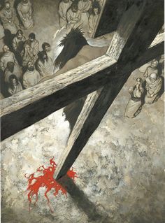 an image of jesus carrying the cross with blood running down it and people in the background