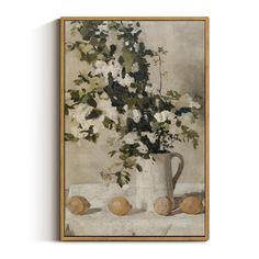 a painting with white flowers in a vase and some apples on the table next to it