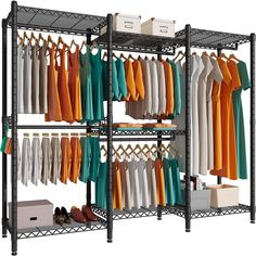 PRICES MAY VARY. 【Dimension of PUNION Garment Racks for Hanging Clothes】The metal clothing rack assembled dimension is 86"W X18”D X77”H. Package dimension is 31W x 19D X10H, package weight is 45lbs. 【Strong Bearing Capacity Hold Up to 1300LBS】The portable clothes racks can be load capacity up to 1500lbs, not easily deformed. It can create extra storage space instantly. 【Adjustable Metal Clothing Rack】The heavy duty clothes rack has 7 tiers adjustable wire shelving ,5 hanging rods and 2 side hook Extra Clothes Storage Ideas, Clothes Rack Ideas, Bedroom Clothing Rack, Multipurpose Bedroom, Costume Room, Metal Clothing Rack, Boutique Store Displays, Boutique Displays, Portable Clothes Rack