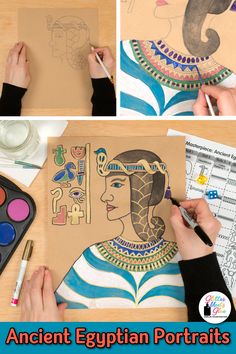 an egyptian portrait is being drawn with colored pencils and watercolors on a piece of paper