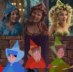 four different pictures of women with hats and dresses in the same photo, one is wearing a costume