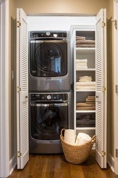 a washer and dryer are in the closet