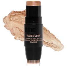 A skin brightening balm with a soft metallic glow for #glassyskin. Dab on highpoints of face for dewy highlight. Dual-ended blending brush twists off to wash. What it does: The perfect way to brighten your skin and lift the natural structure of your face, NUDIES GLOW All-Over Highlight reflects light to provide instant dewiness and luminosity. This skin-loving soft cream balm melts onto skin to look naturally glowing. Made in Korea innovation with a formula that provides youthful looking skin an Highlighter Stick, Makeup Icons, Cream Highlighter, Hey Honey, Hydrating Lip Balm, Blending Brush, Flawless Face, Skin Toner, Nude Color