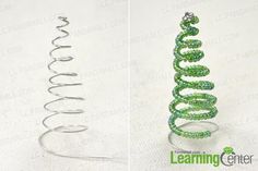 two pictures of a spiral christmas tree made out of beads and wire, one is green and the other is white