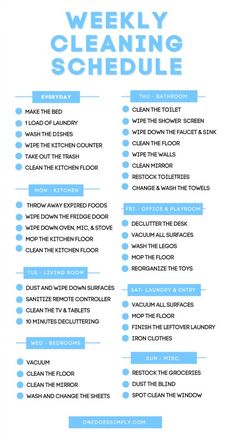 a blue and white poster with the words weekly cleaning schedule written in different font styles