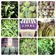 many different types of vegetables are shown in this collage, including broccoli, asparagus, cucumbers and peas