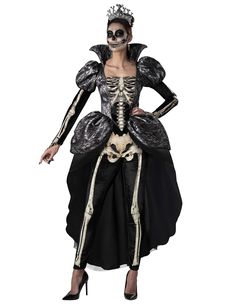 a woman in skeleton makeup and dress is standing with her hands on her hipss