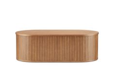 an oval wooden table with vertical lines on the top and bottom, in front of a white background