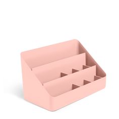 a pink desk organizer is shown with three compartments in the bottom and one section open