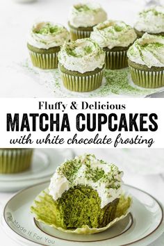 matcha cupcakes with white frosting and green sprinkles on top