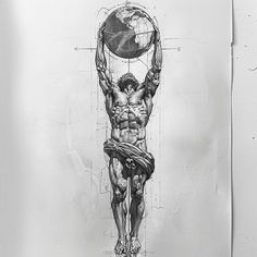 a black and white drawing of a man holding the world on his back with one hand